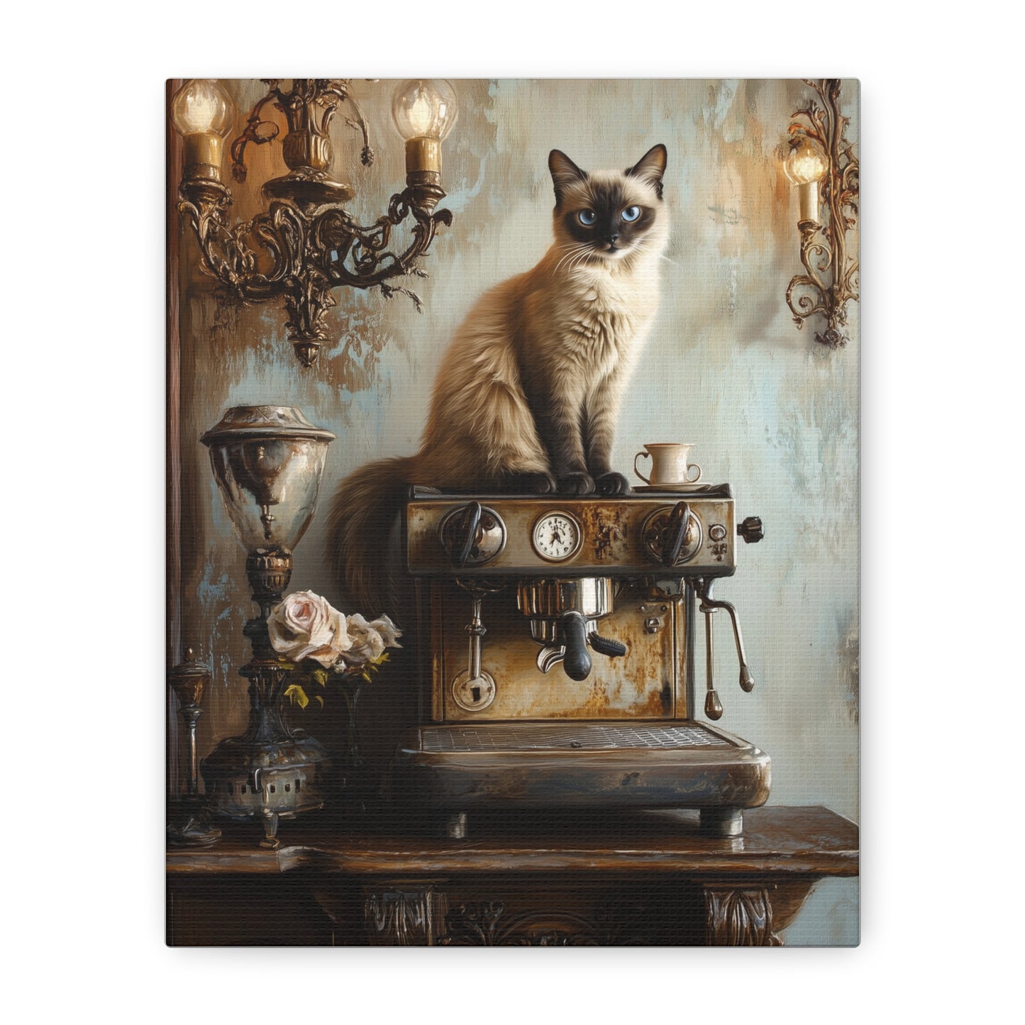 Siamese Cat on Espresso Machine: "Café Contessa" | Matte Canvas Print, Stretched, 1.25 | Cafe Companions Edition™