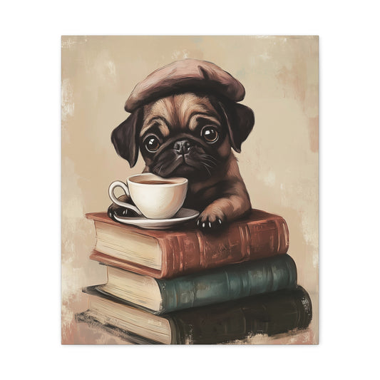 Pug with Books: "Parisian Pug Pause" | Matte Canvas Print, Stretched, 1.25 | Bliss Edition™