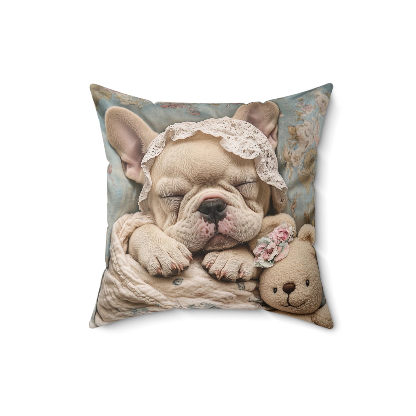 French Bulldog in Baby Bonnet: "Dreamy Slumber" | Spun Polyester Square Pillow | Puppy Love Edition™