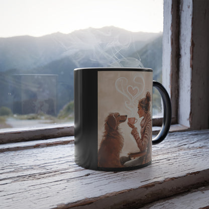 Golden Dog Sharing Coffee with a Woman: "Sip and Soulmate" | Color Morphing Coffee Mug, 11oz | Bliss Edition™