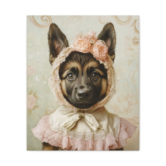 German Shepherd in Lace Bonnet: "Pastoral Guardian" | Matte Canvas Print, Stretched, 1.25 | Puppy Love Edition™