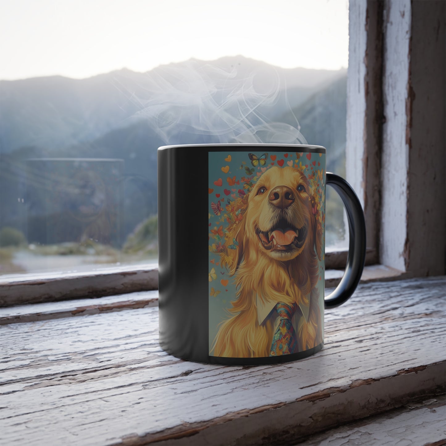 Golden Retriever with Butterflies and Hearts: "Golden Bliss" | Color Morphing Coffee Mug, 11oz | Bliss Edition™