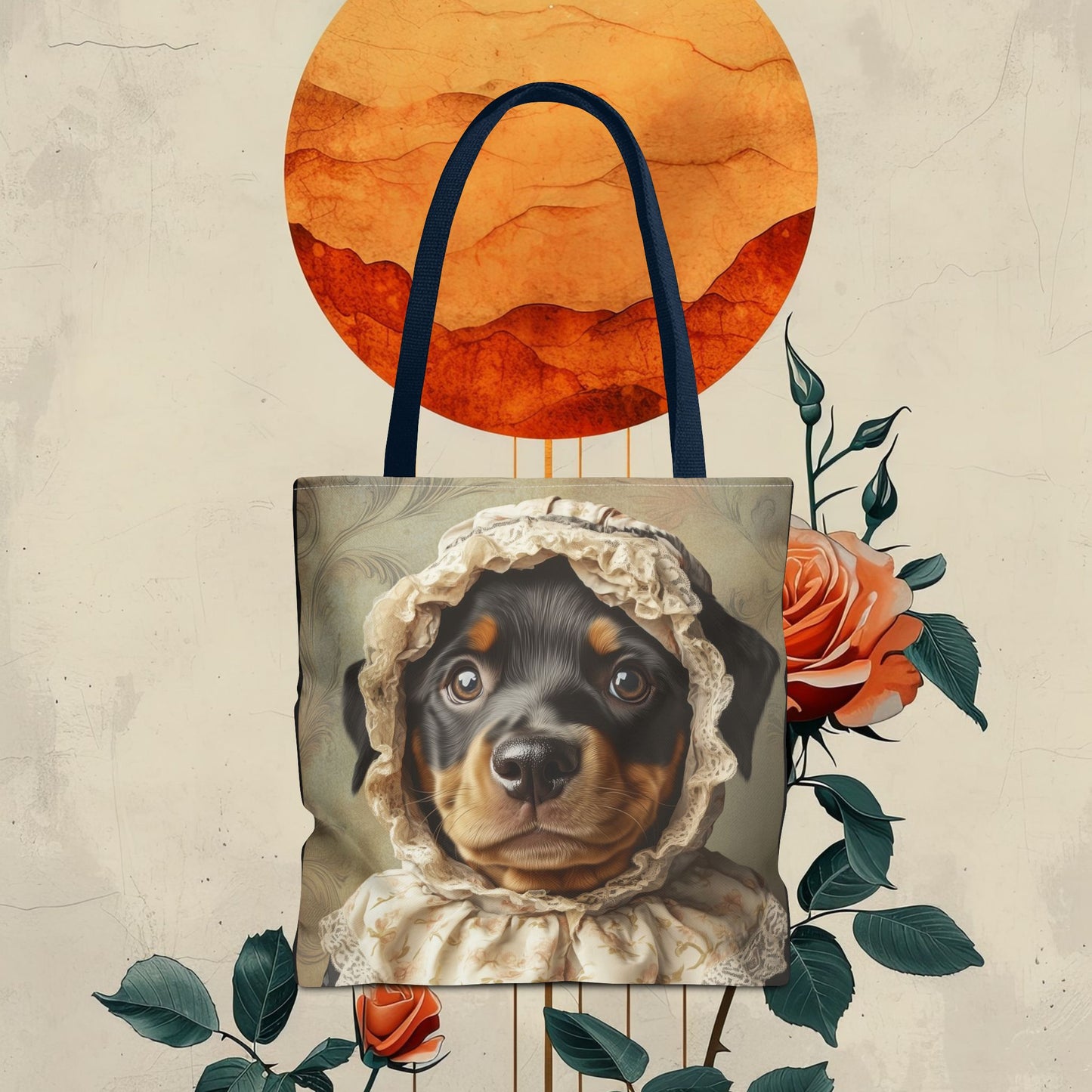 Rottweiler in Lace Bonnet: "The Tender Guardian" | Tote Bag (AOP) | Puppy Love Edition™