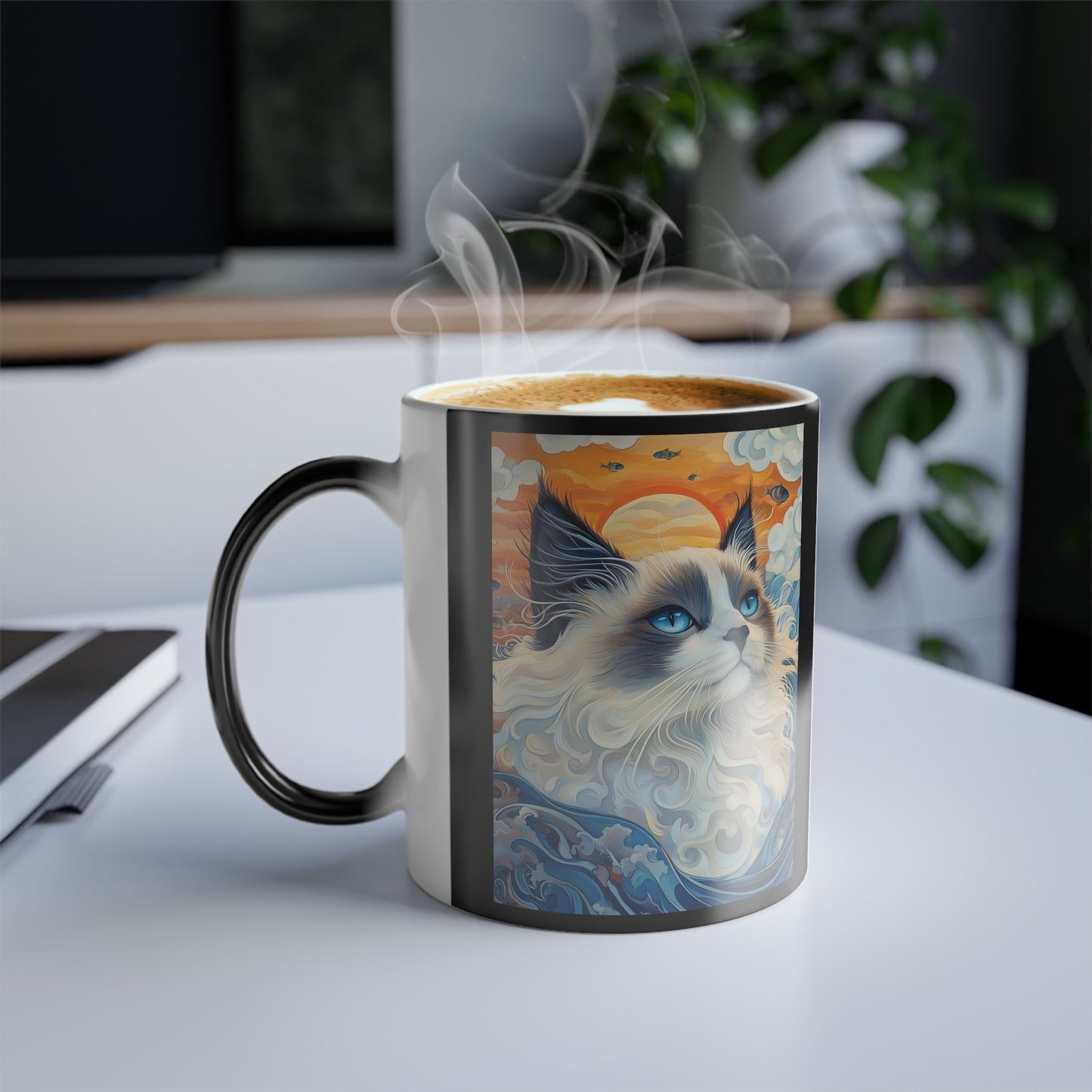 Ragdoll Cat Among Waves: "Oceanic Grace in Fur." | Color Morphing Coffee Mug, 11oz | Feline Edition™