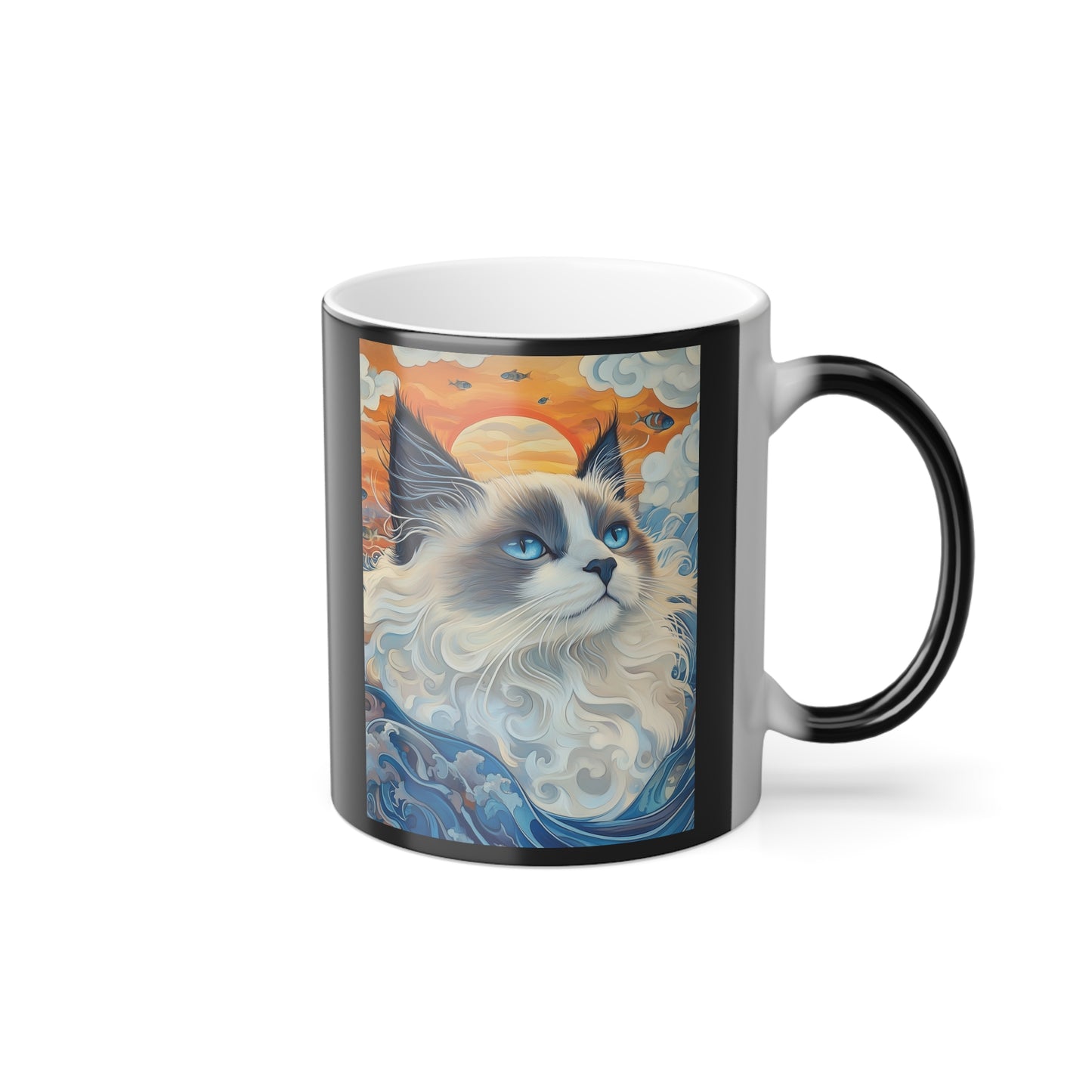 Ragdoll Cat Among Waves: "Oceanic Grace in Fur." | Color Morphing Coffee Mug, 11oz | Feline Edition™