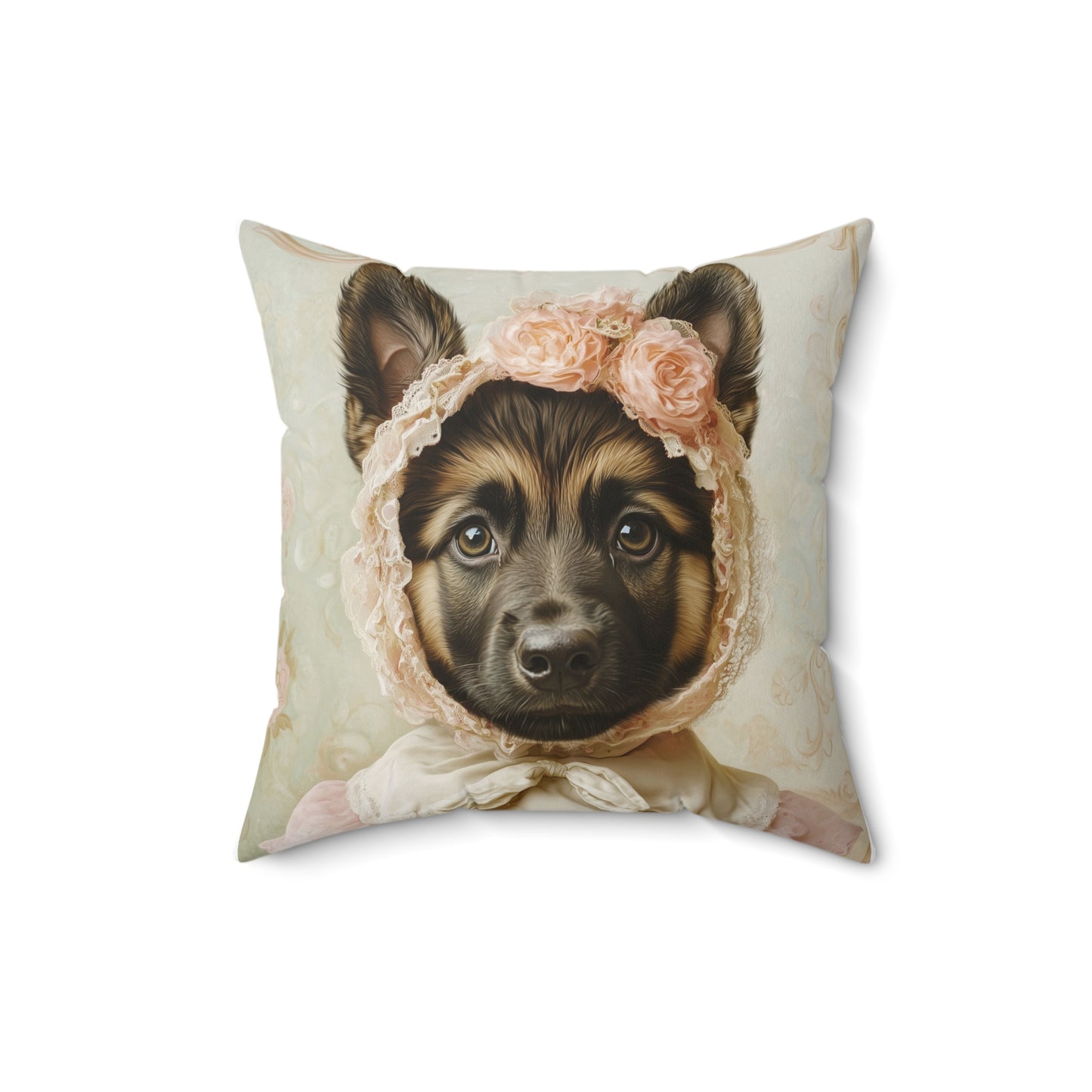 German Shepherd in Lace Bonnet: "Pastoral Guardian" | Spun Polyester Square Pillow | Puppy Love Edition™