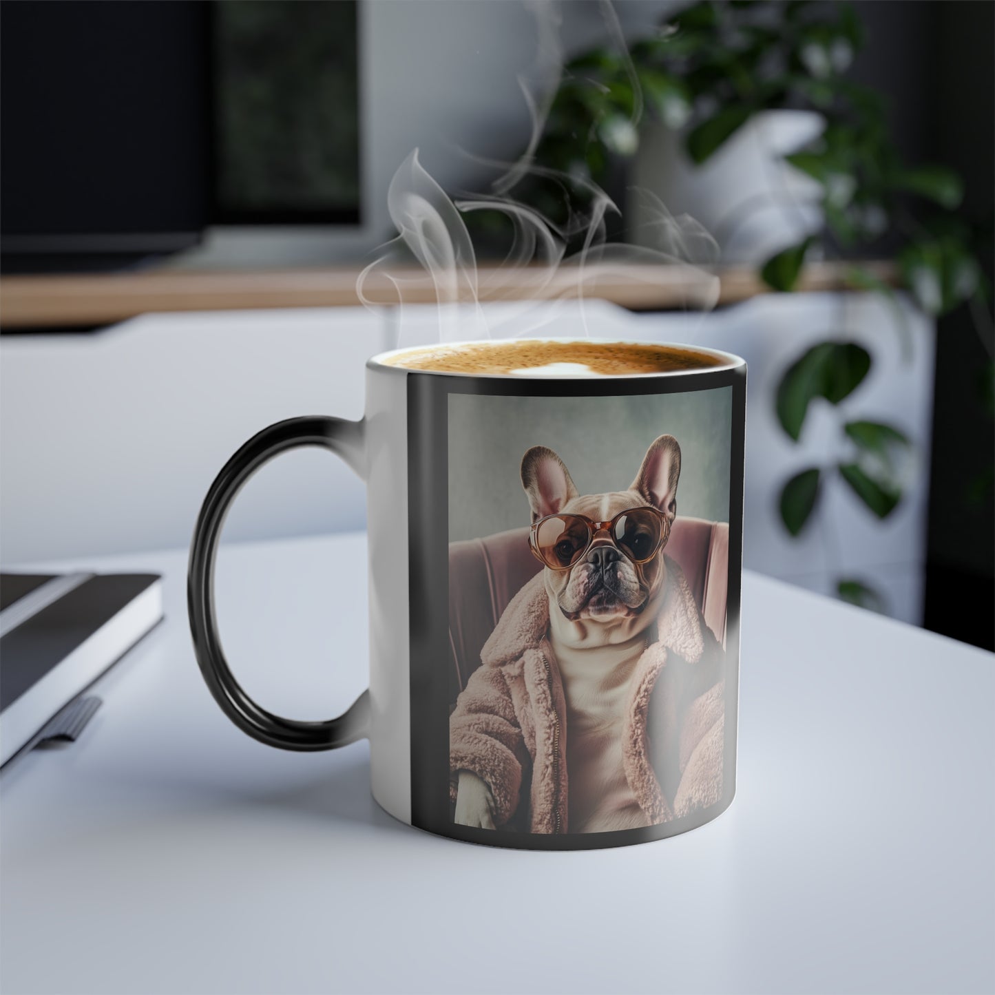 French Bulldog in Pink Coat: "Chic Canine Sophistication." | Color Morphing Coffee Mug, 11oz | Pawgue Chic Edition™