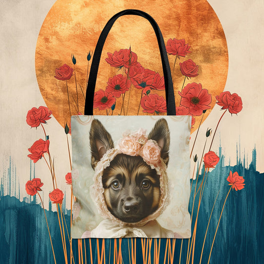 German Shepherd in Lace Bonnet: "Pastoral Guardian" | Tote Bag (AOP) | Puppy Love Edition™