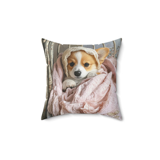 Corgi in Vintage Crib: "Cherished Slumber" | Spun Polyester Square Pillow | Puppy Love Edition™