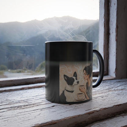 Black and White Dog Sharing Coffee: "Heart-to-Heart Brew" | Color Morphing Coffee Mug, 11oz | Bliss Edition™