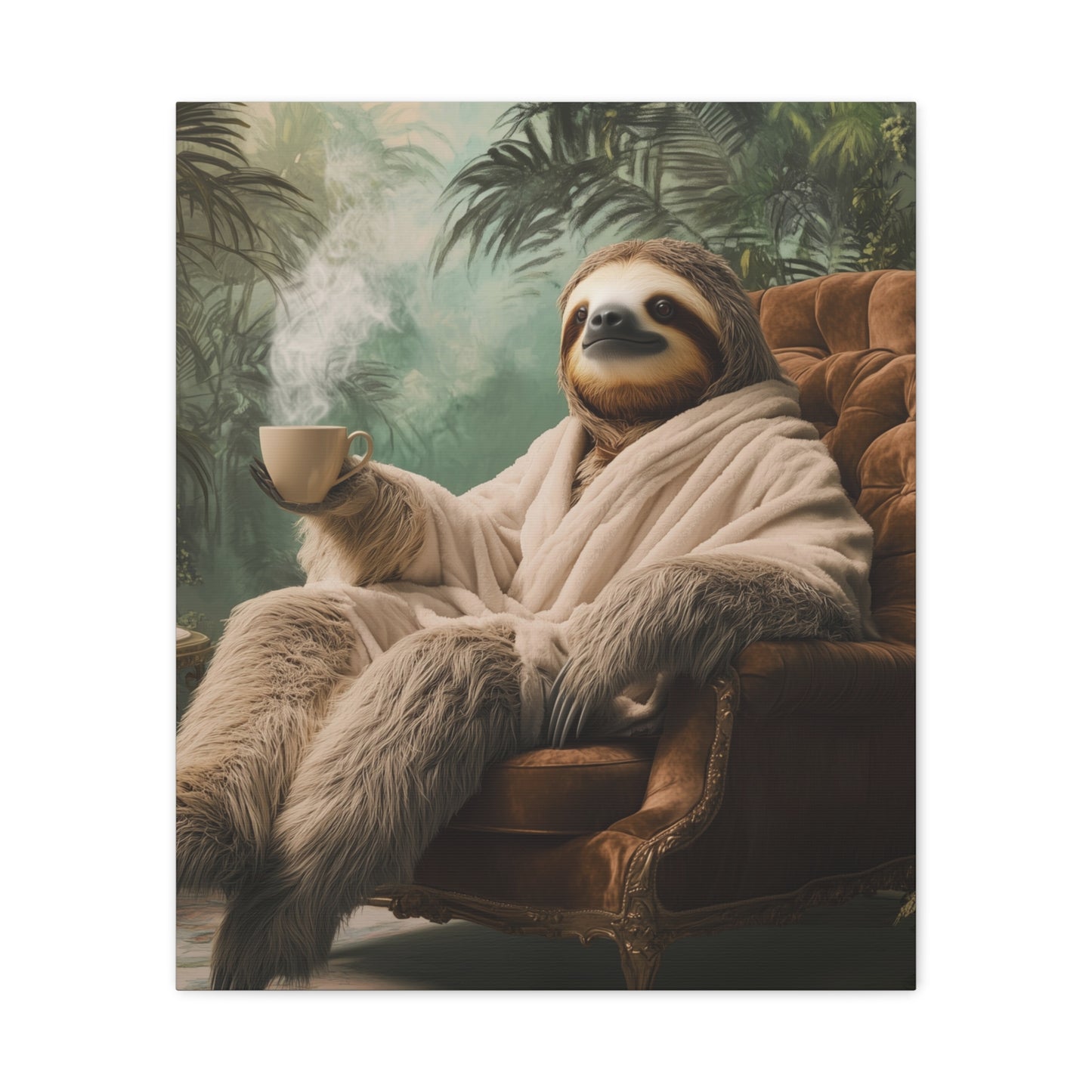 Sloth in Bathrobe with Coffee: "The Relaxed Royal" | Matte Canvas Print, Stretched, 1.25 | Pawgue Chic Edition™