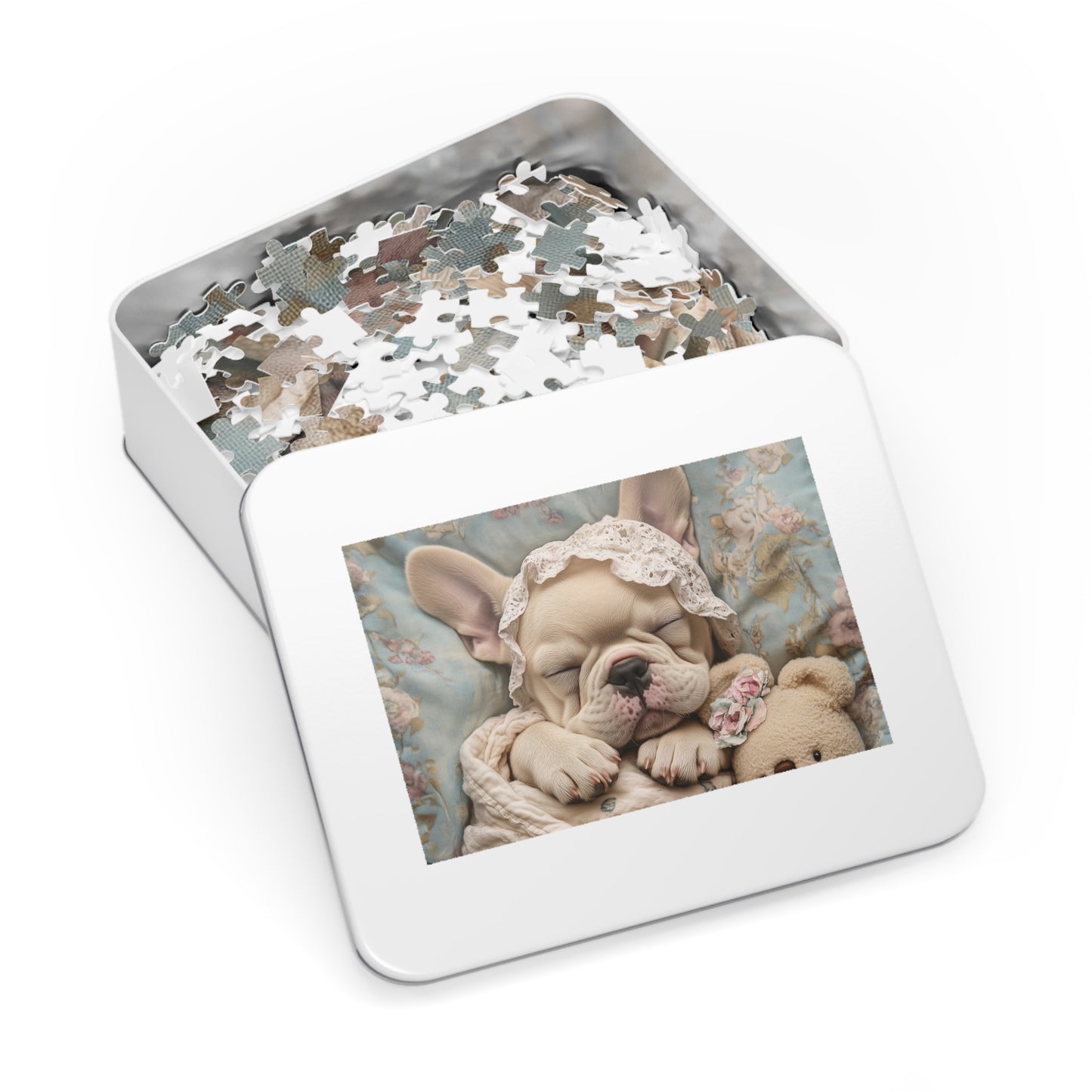 French Bulldog in Baby Bonnet: "Dreamy Slumber" | Jigsaw Puzzle with Tin | Puppy Love Edition™