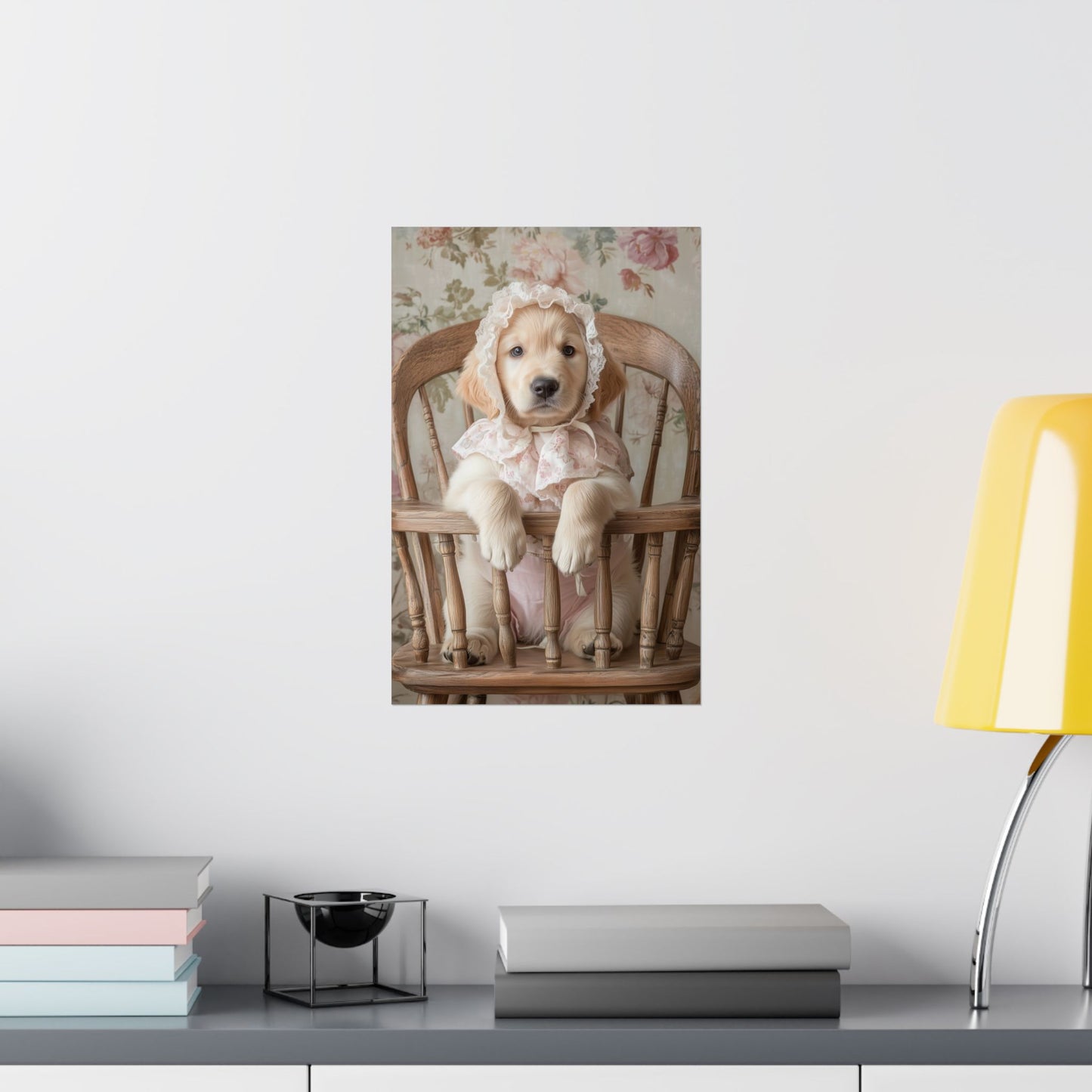 Golden Retriever in Floral Lace Bonnet: "Innocence Captured" | Matte Vertical Posters | Puppy Love Edition™