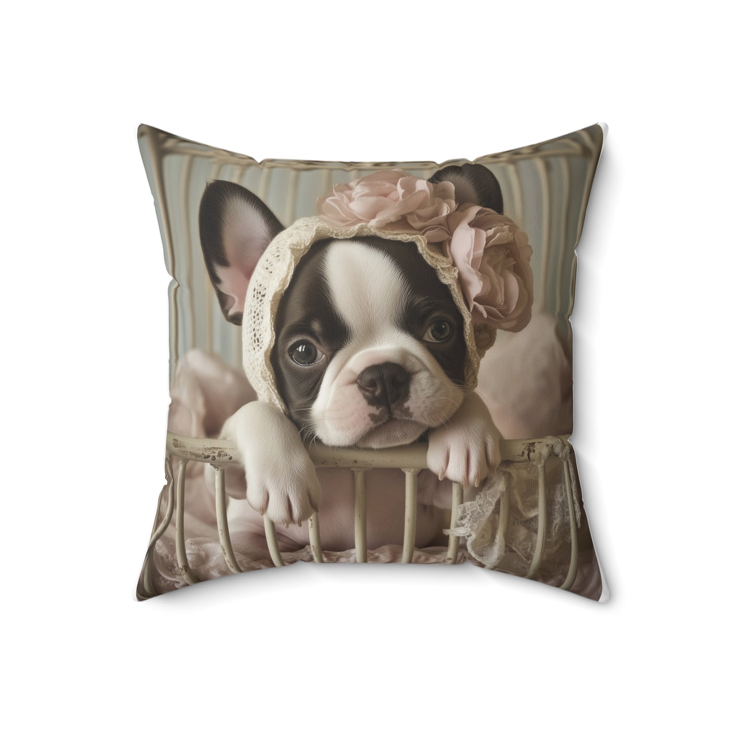 French Bulldog in Lace Bonnet: "Victorian Charm" | Spun Polyester Square Pillow | Puppy Love Edition™