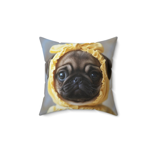 Pug in Yellow Bonnet: "The Sunshine Sweetie" | Spun Polyester Square Pillow | Puppy Love Edition™