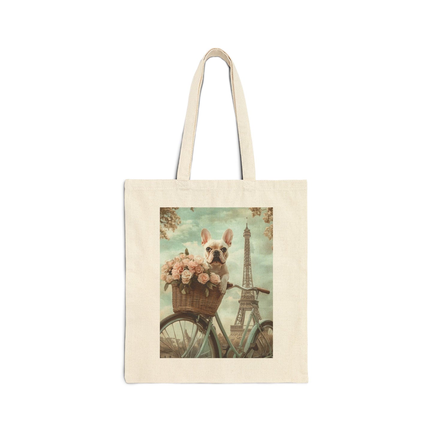 French Bulldog on Bicycle with Roses: "The Parisian Peddler" | Canvas Tote Bag | Puppy Love Edition™