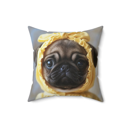 Pug in Yellow Bonnet: "The Sunshine Sweetie" | Spun Polyester Square Pillow | Puppy Love Edition™