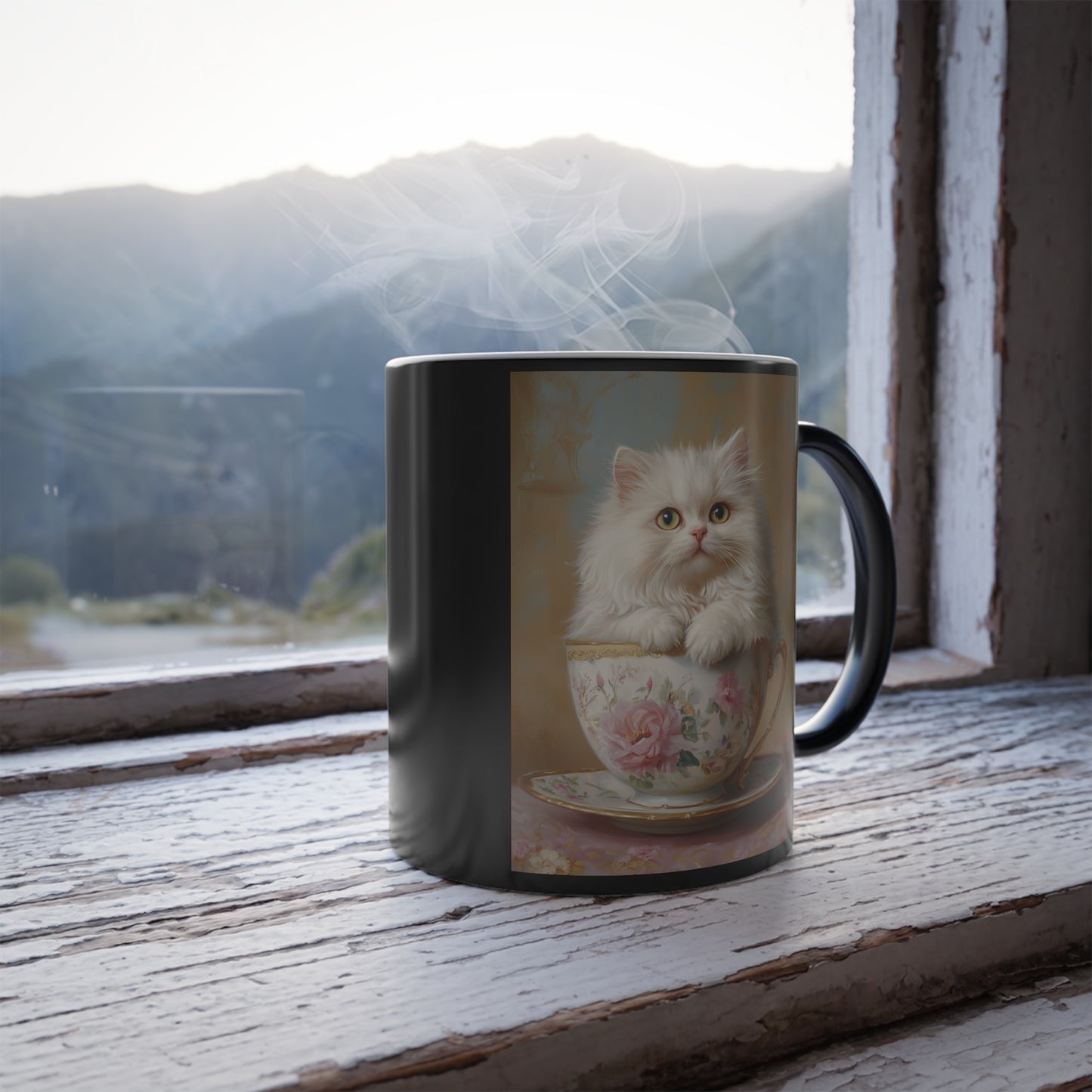 Persian Cat in Teacup: "Victorian Whiskers" | Color Morphing Coffee Mug, 11oz | Cafe Companions Edition™