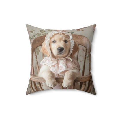 Golden Retriever in High Chair: "Victorian Pup" | Spun Polyester Square Pillow | Puppy Love Edition™