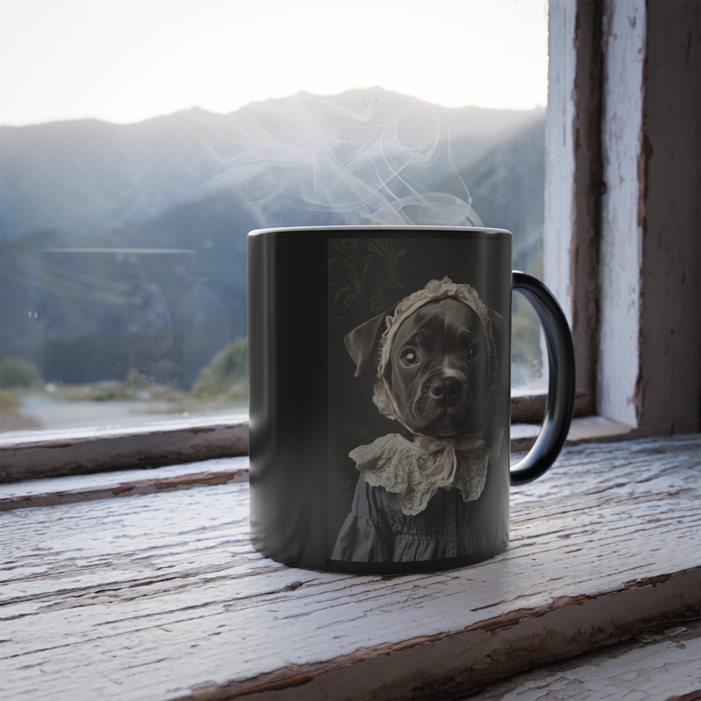 Pit Bull in Lace Bonnet: "The Victorian Pup" | Color Morphing Coffee Mug, 11oz | Puppy Love Edition™