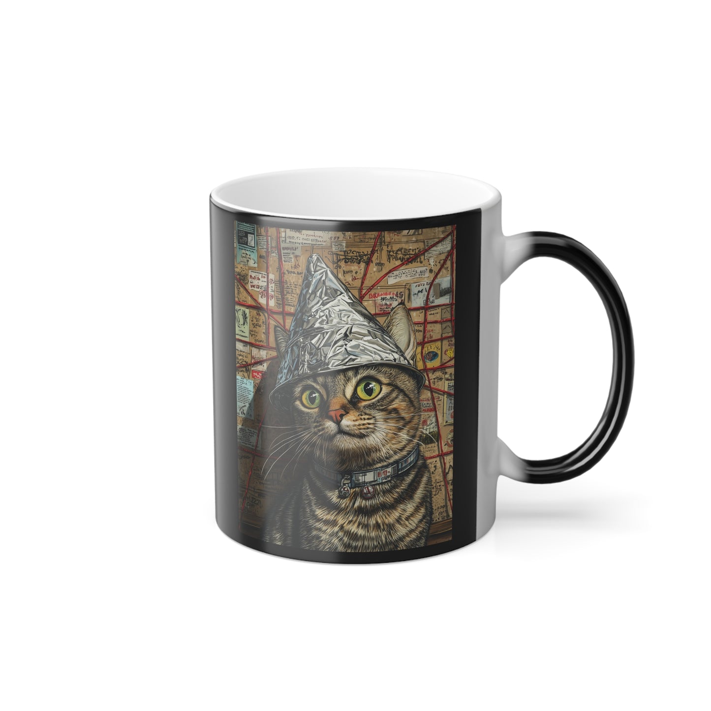 Tabby Cat in a Tinfoil Hat: "Conspiracy Cat Chronicles" | Color Morphing Coffee Mug, 11oz | Pawp Culture Edition™