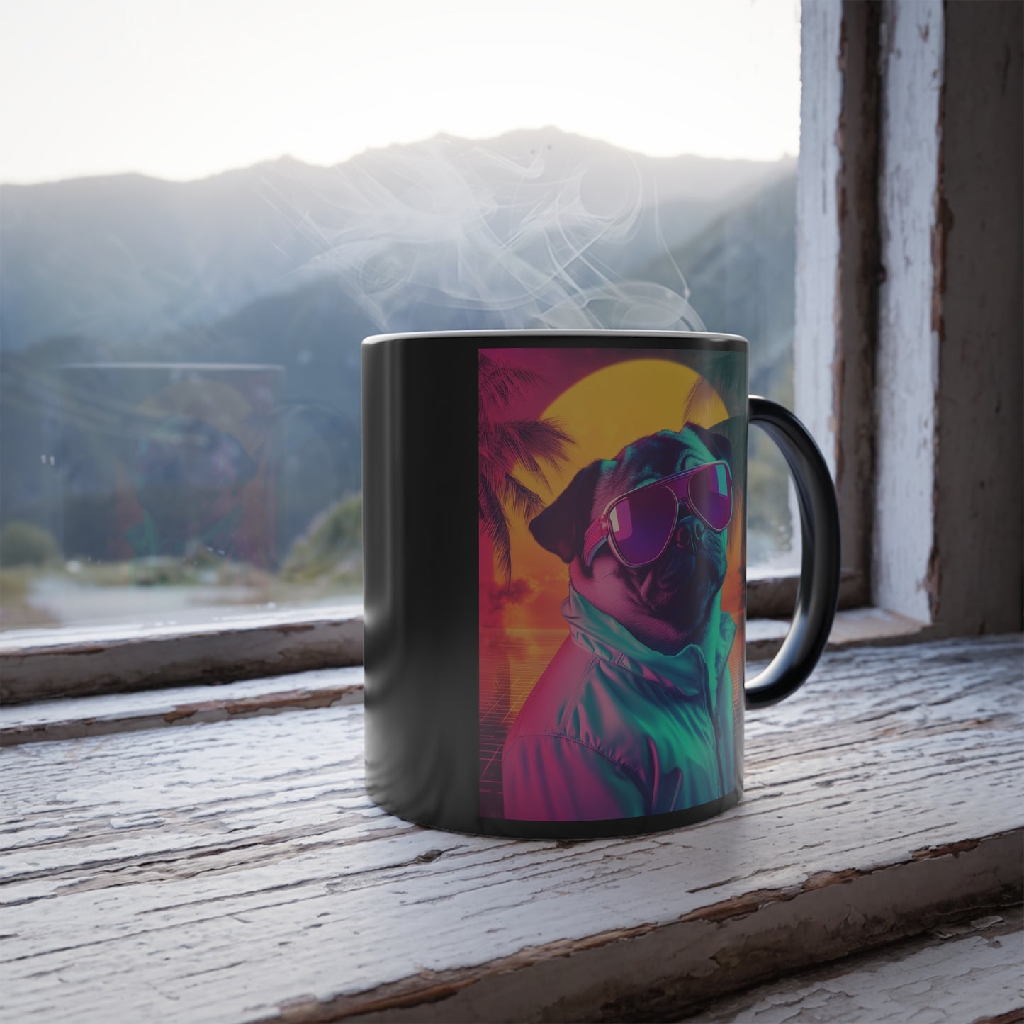 Pug in Neon Sunset: "Retro Ruff Royalty." | Color Morphing Coffee Mug, 11oz | Pawp Culture Edition™