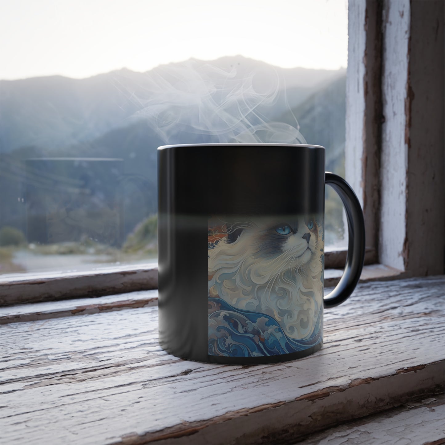 Ragdoll Cat Among Waves: "Oceanic Grace in Fur." | Color Morphing Coffee Mug, 11oz | Feline Edition™