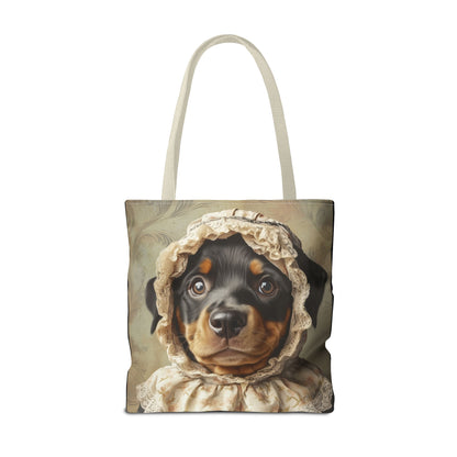 Rottweiler in Lace Bonnet: "The Tender Guardian" | Tote Bag (AOP) | Puppy Love Edition™