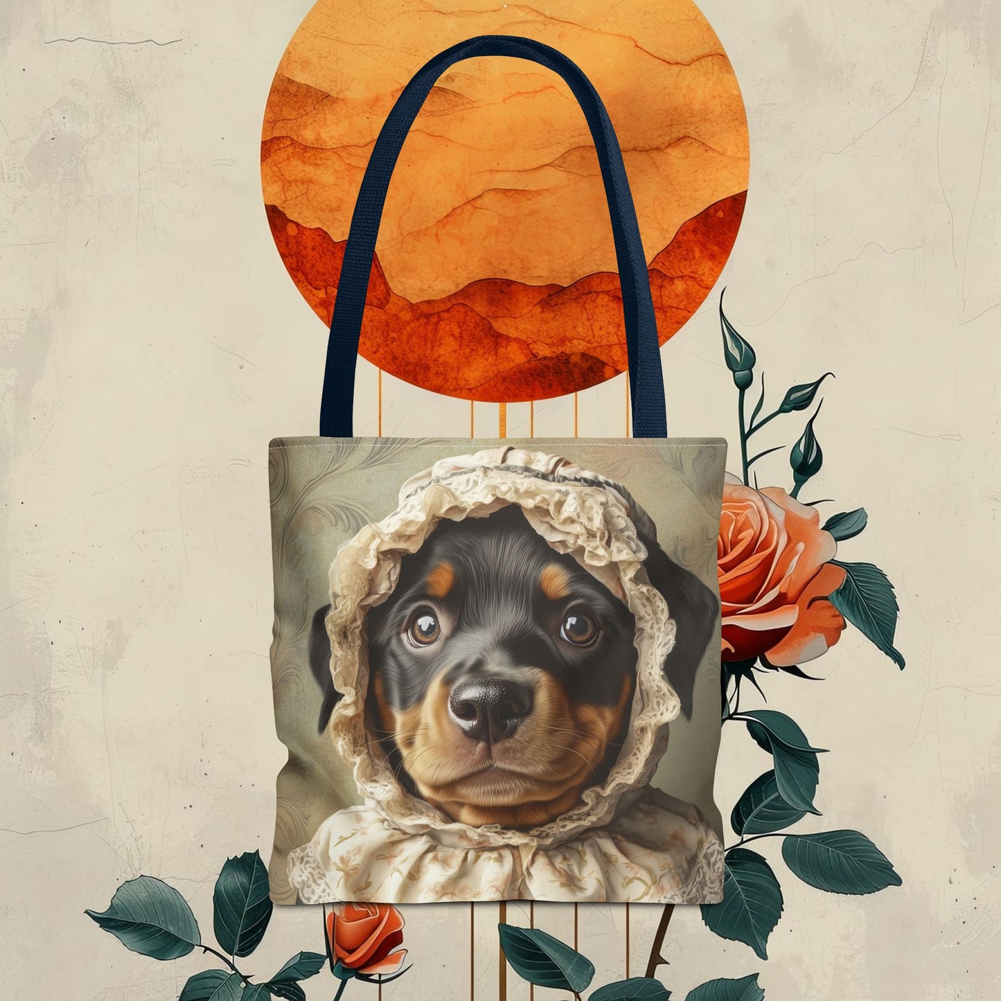 Rottweiler in Lace Bonnet: "The Tender Guardian" | Tote Bag (AOP) | Puppy Love Edition™