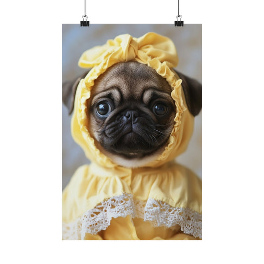 Pug in Yellow Bonnet: "The Sunshine Sweetie" | Matte Vertical Posters | Puppy Love Edition™