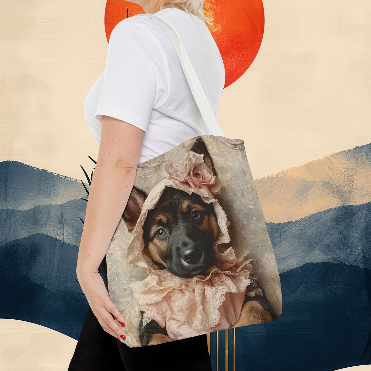 German Shepherd in Lace Bonnet: "Pastoral Guardian" | Tote Bag (AOP) | Puppy Love Edition™