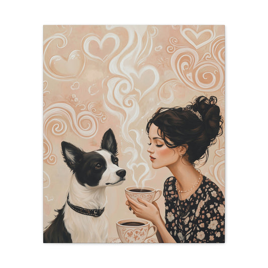 Black and White Dog Sharing Coffee with a Woman: "Heart-to-Heart Brew" | Matte Canvas Print, Stretched, 1.25 | Bliss Edition™