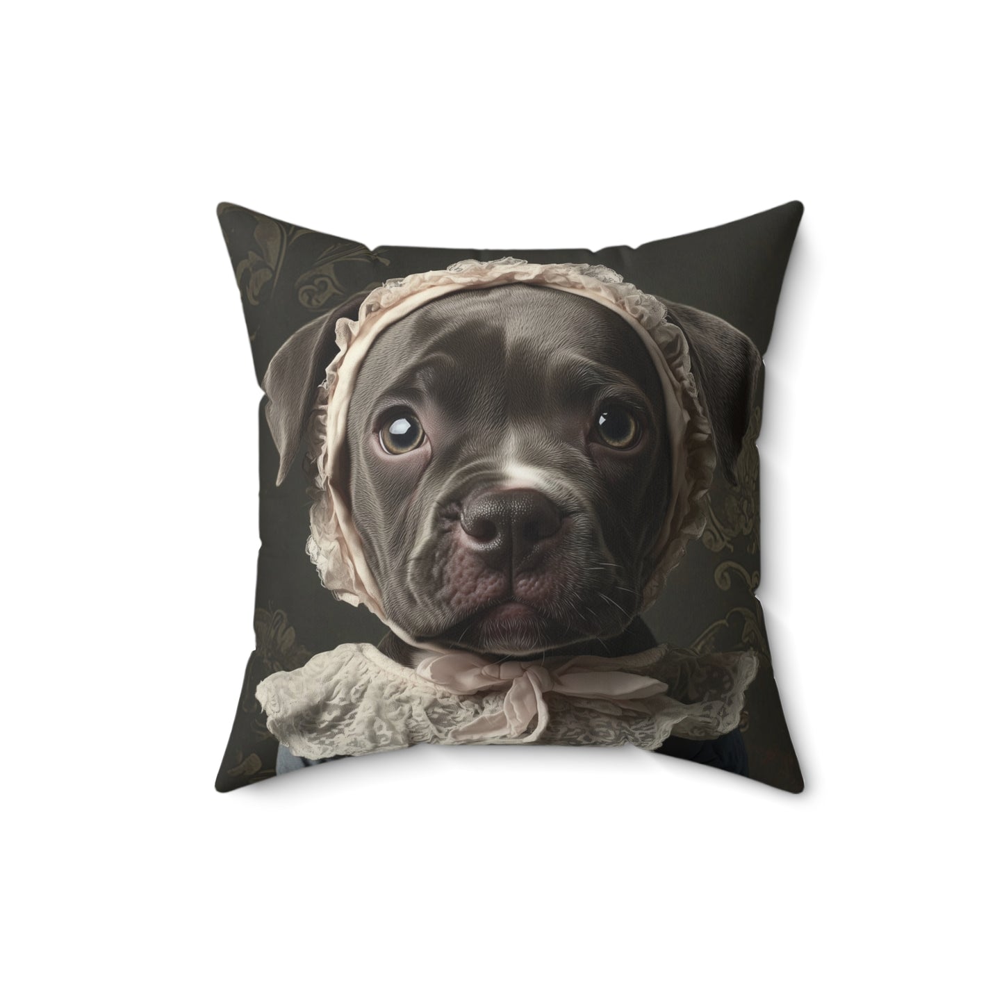 Pit Bull in Lace Bonnet: "Victorian Vigilance" | Spun Polyester Square Pillow | Puppy Love Edition™