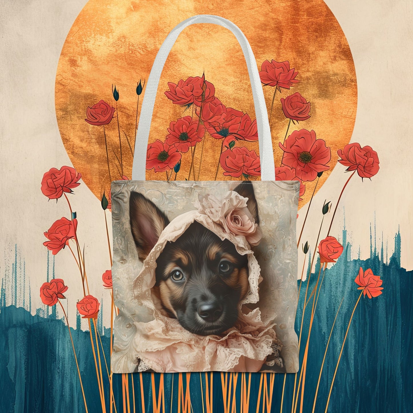 German Shepherd in Lace Bonnet: "Pastoral Guardian" | Tote Bag (AOP) | Puppy Love Edition™