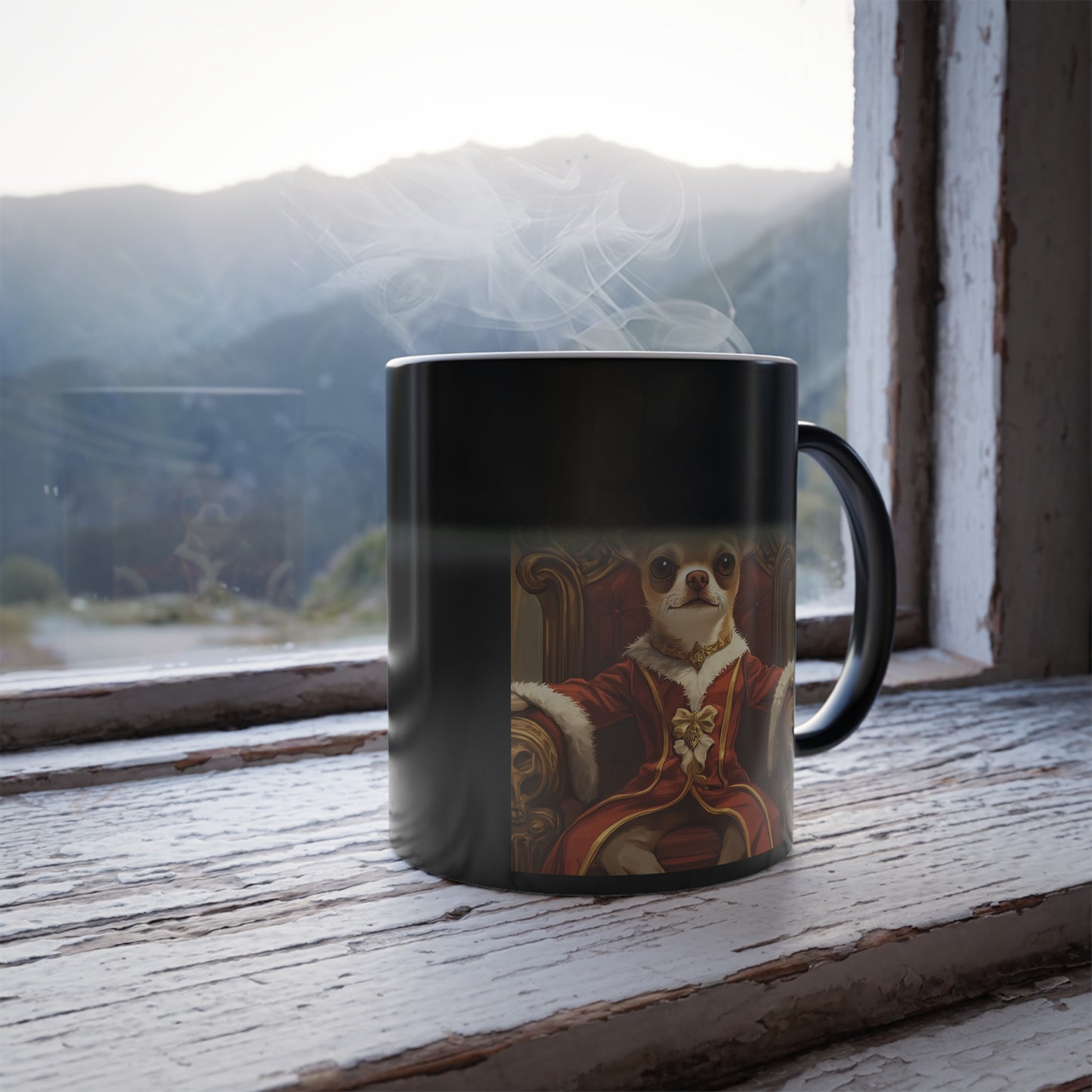 Chihuahua King on Throne: "Royal Canine Court" | Color Morphing Coffee Mug, 11oz | Historical Fiction Edition™