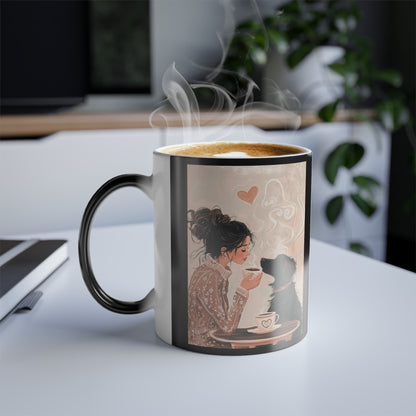 Black Dog Sharing Coffee with a Woman: "A Cup of Devotion" | Color Morphing Coffee Mug, 11oz | Bliss Edition™