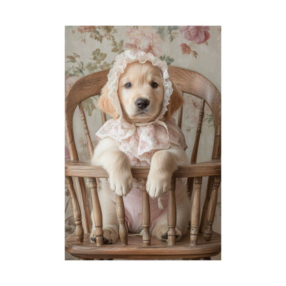 Golden Retriever in Floral Lace Bonnet: "Innocence Captured" | Matte Vertical Posters | Puppy Love Edition™