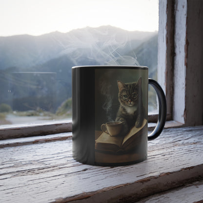 Tabby Cat with Open Book: "Scholarly Whiskers" | Color Morphing Coffee Mug, 11oz | Bliss Edition™