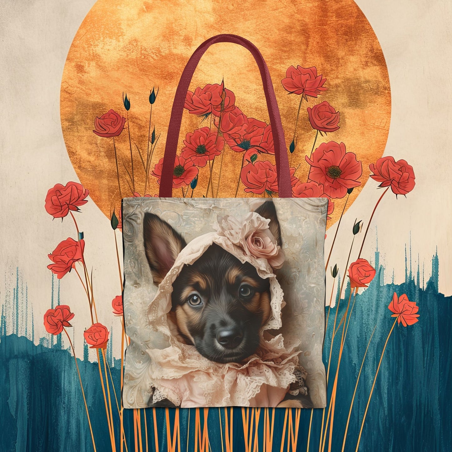 German Shepherd in Lace Bonnet: "Pastoral Guardian" | Tote Bag (AOP) | Puppy Love Edition™