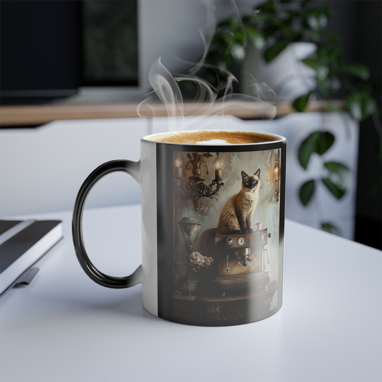 Siamese Cat on Espresso Machine: "Café Contessa" | Color Morphing Coffee Mug, 11oz | Bliss Edition™