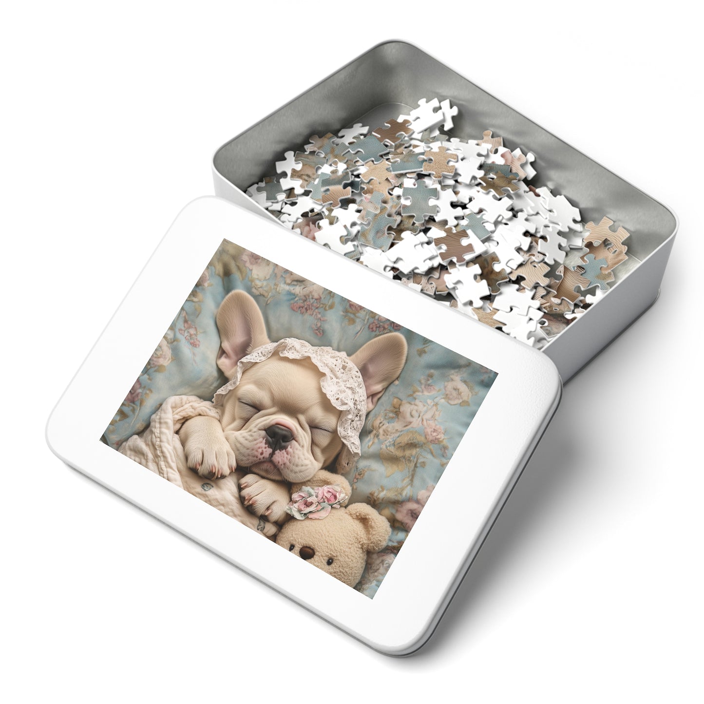 French Bulldog in Baby Bonnet: "Dreamy Slumber" | Jigsaw Puzzle with Tin | Puppy Love Edition™