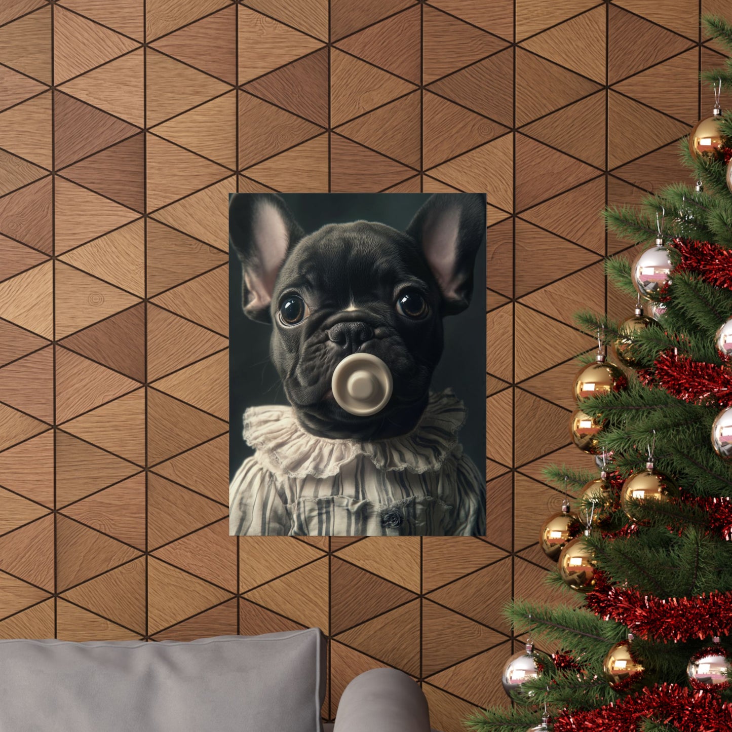 French Bulldog in Striped Baby Gown: "Vintage Cherub" | Matte Vertical Posters | Puppy Love Edition™