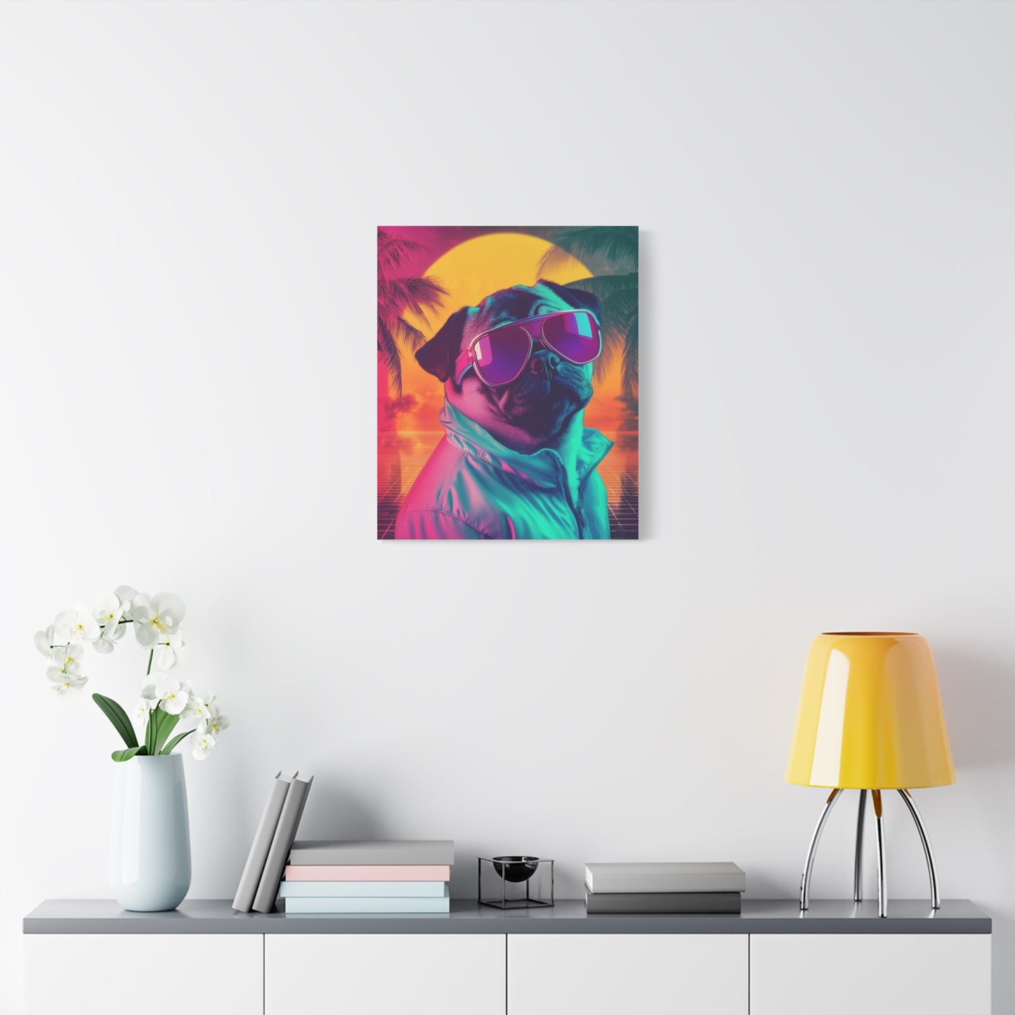 Pug in Neon Sunset: "Retro Ruff Royalty." | Matte Canvas Print, Stretched, 1.25 | Retro Edition™