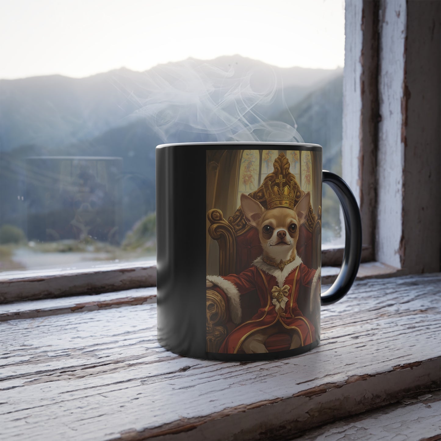 Chihuahua King on Throne: "Royal Canine Court" | Color Morphing Coffee Mug, 11oz | Historical Fiction Edition™