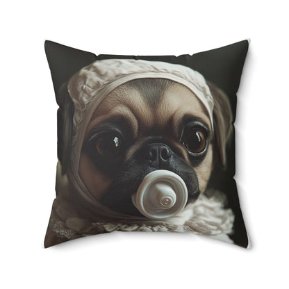 Pug in Ivory Bonnet: "Timeless Innocence" | Spun Polyester Square Pillow | Puppy Love Edition™