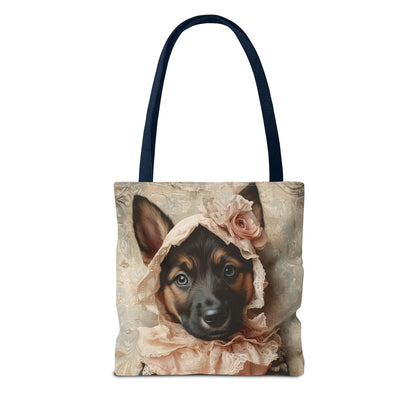 German Shepherd in Lace Bonnet: "Pastoral Guardian" | Tote Bag (AOP) | Puppy Love Edition™