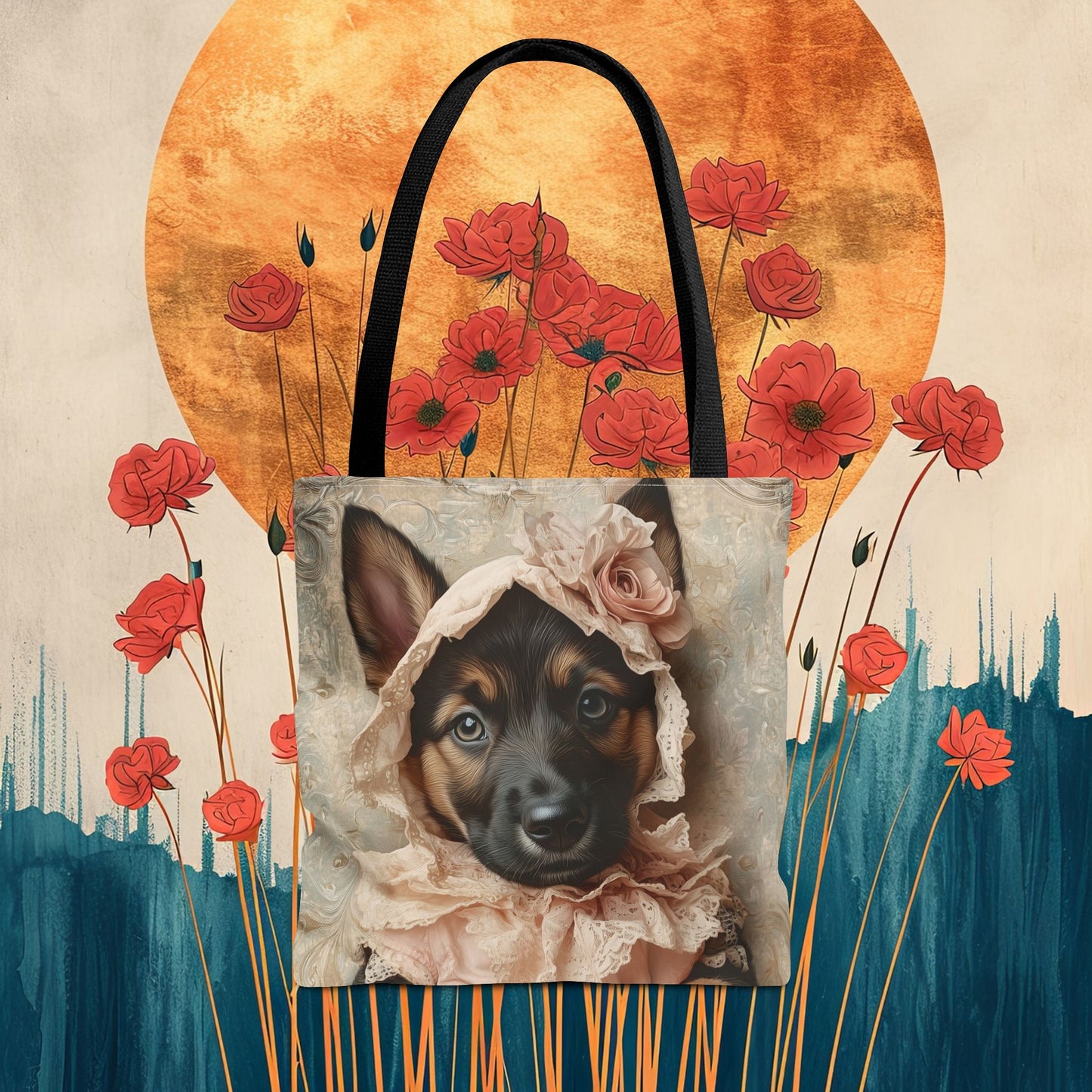 German Shepherd in Lace Bonnet: "Pastoral Guardian" | Tote Bag (AOP) | Puppy Love Edition™