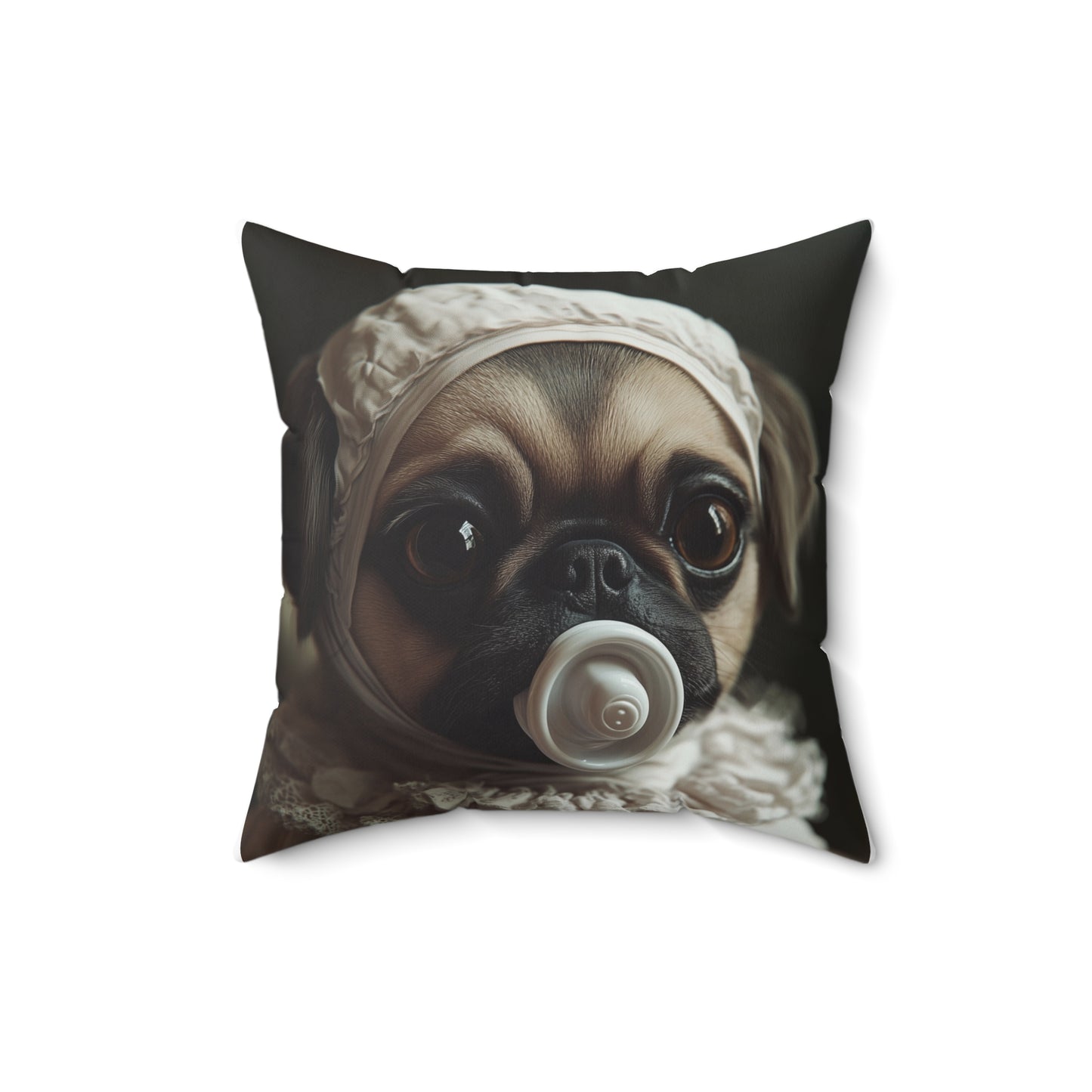 Pug in Ivory Bonnet: "Timeless Innocence" | Spun Polyester Square Pillow | Puppy Love Edition™