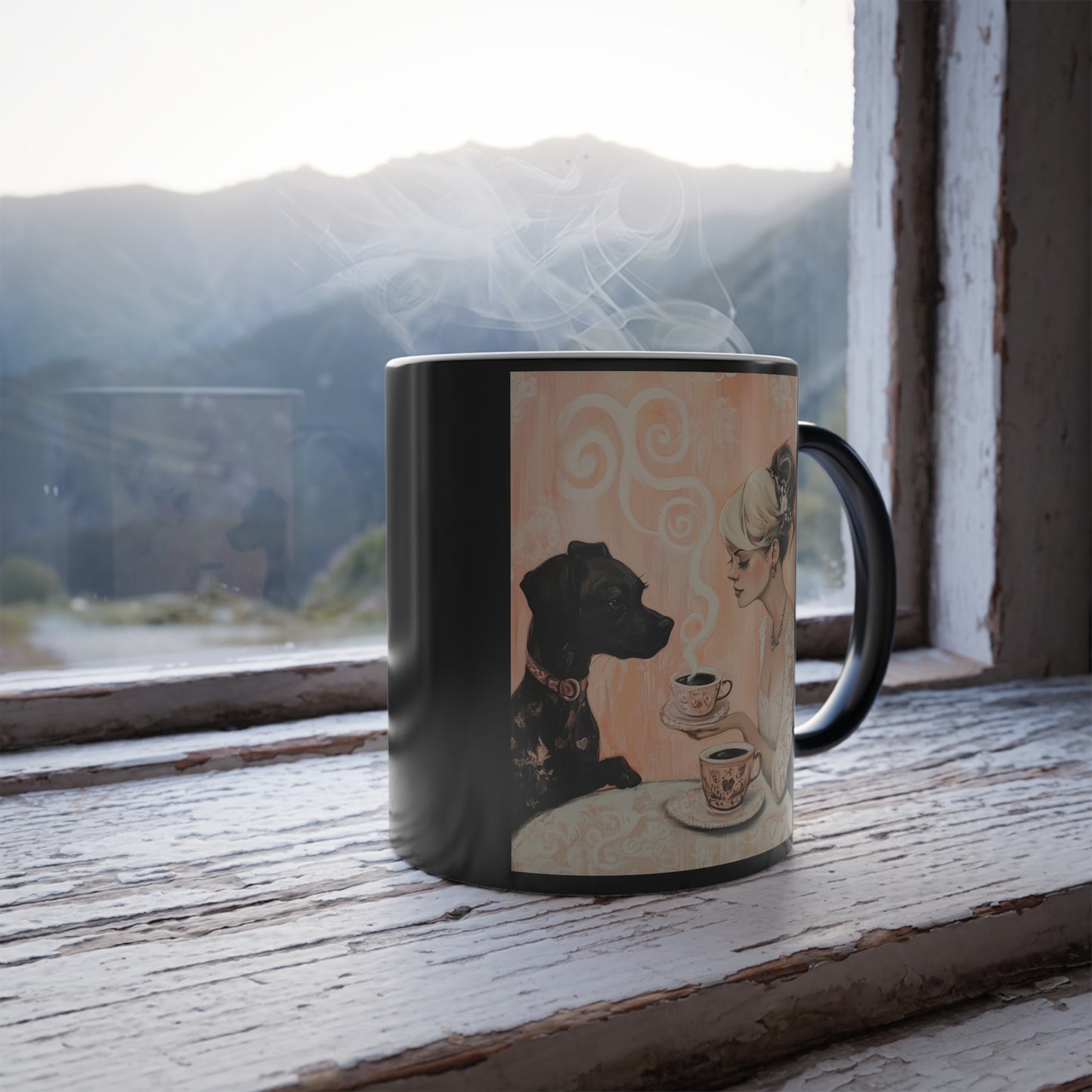 Dog with a Lady Over Coffee: "Cup of Companionship" | Color Morphing Coffee Mug, 11oz | Bliss Edition™