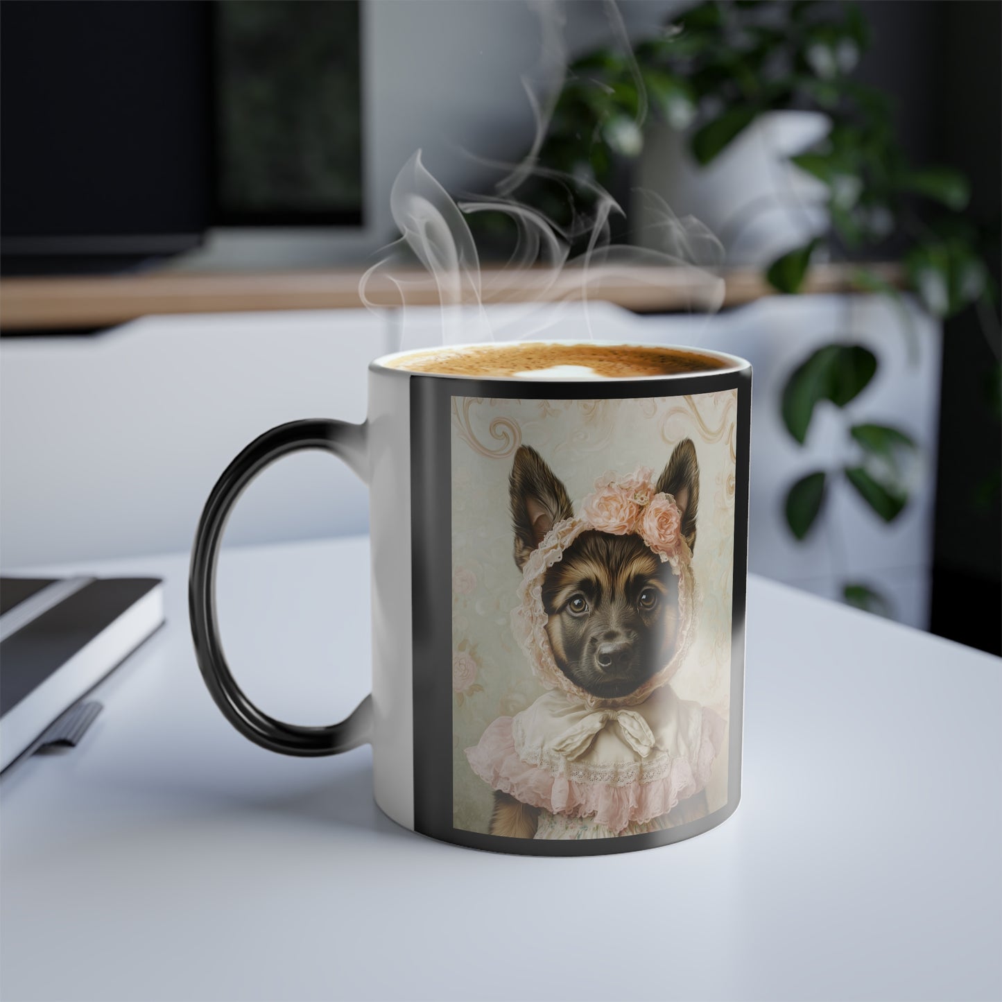 German Shepherd in Lace Bonnet: "Pastoral Guardian" | Color Morphing Coffee Mug, 11oz | Puppy Love Edition™